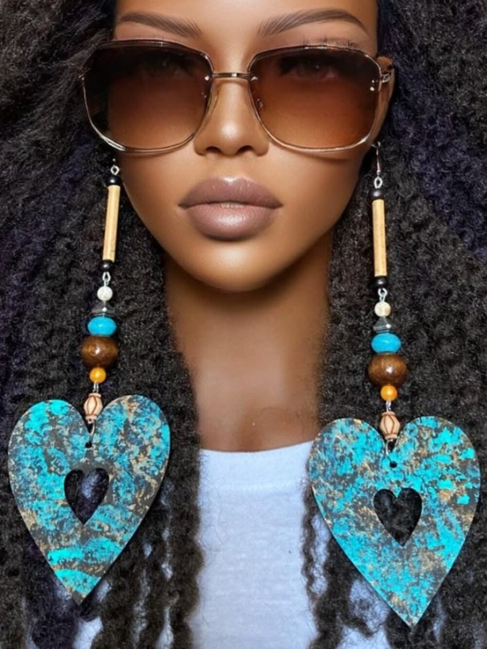 Elongated Dangle Earrings Wooden Hearts Aqua Multi by Razonda Lee